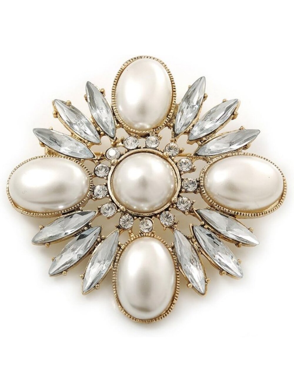 Vintage-Inspired Bridal Brooch with Clear Crystals & White Pearls - Gold Plated